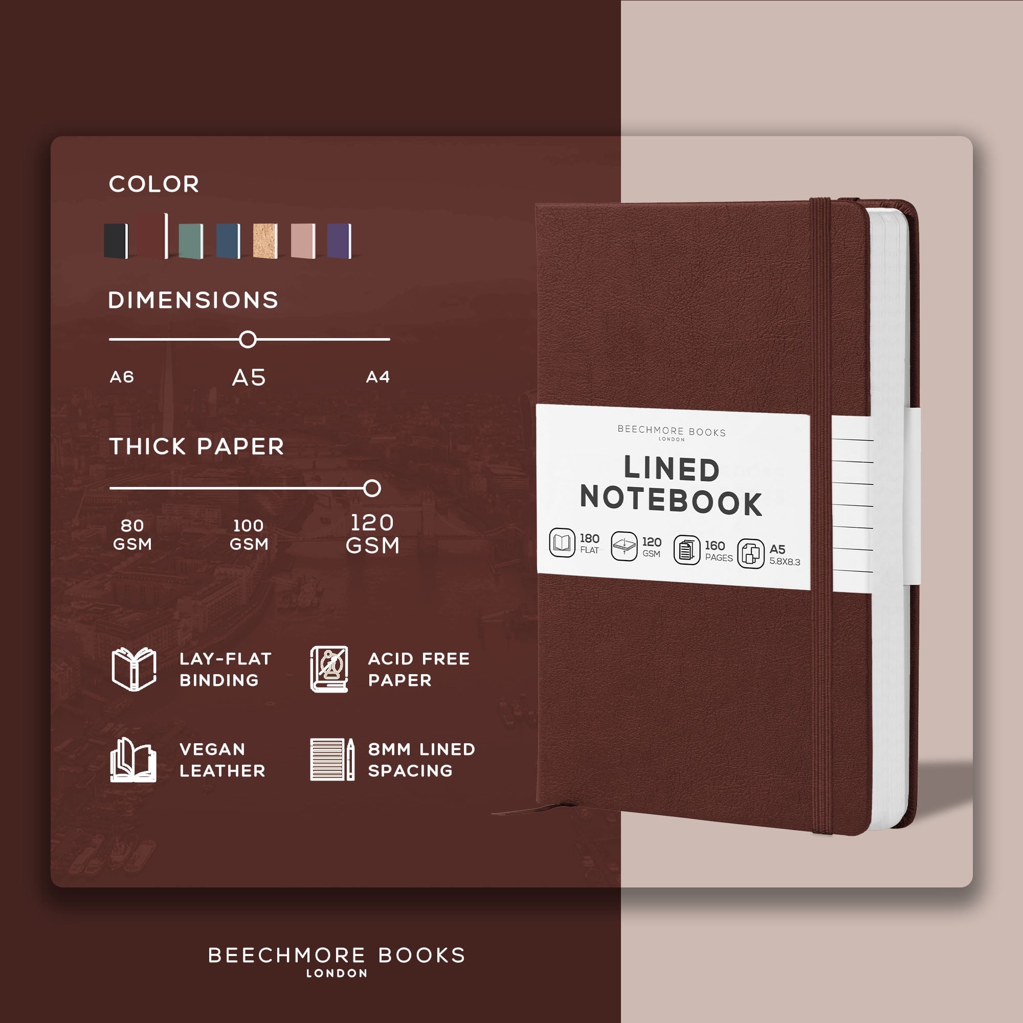BEECHMORE BOOKS Lined Journal Notebook, 5.8 x 8.3 inch, A5 160 Lined Pages, Hardcover Leather Journals for Women, Men, Writing and Notebooks for Work - 120 GSM Thick Paper, Gifts Box Included