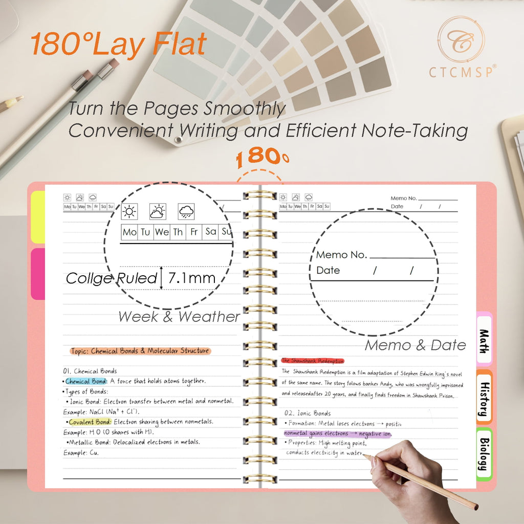 5 Subject Spiral Notebook with Removable Dividers Tabs Hardcover Notebook Journal for Women Men,Perfect for Academic Supplies,College Ruled,300 Pages