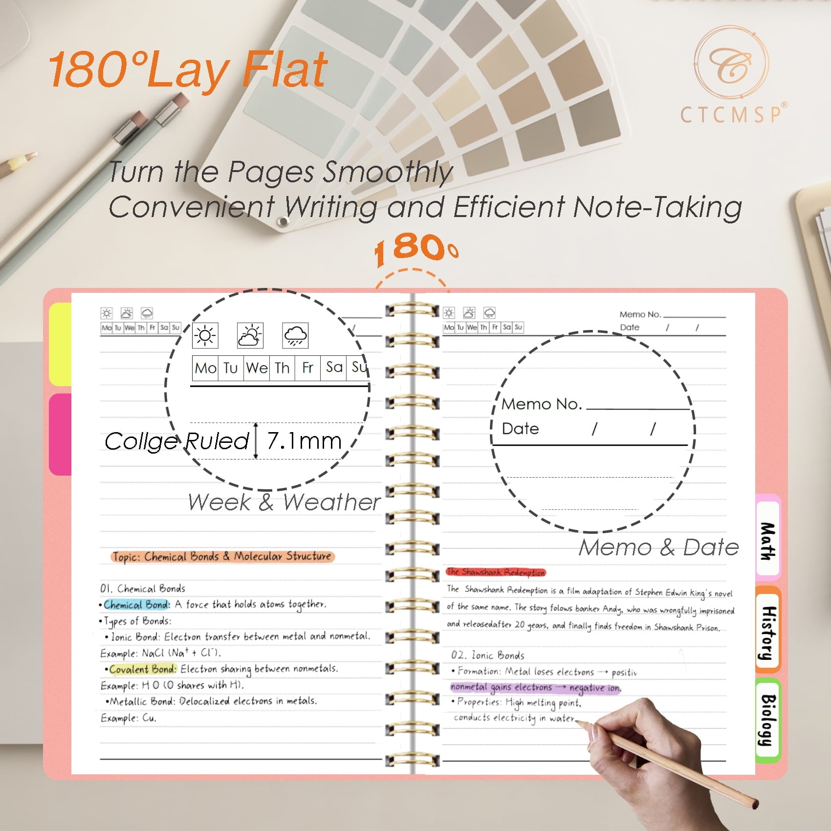 5 Subject Spiral Notebook with Removable Dividers Tabs Hardcover Notebook Journal for Women Men,Perfect for Academic Supplies,College Ruled,300 Pages