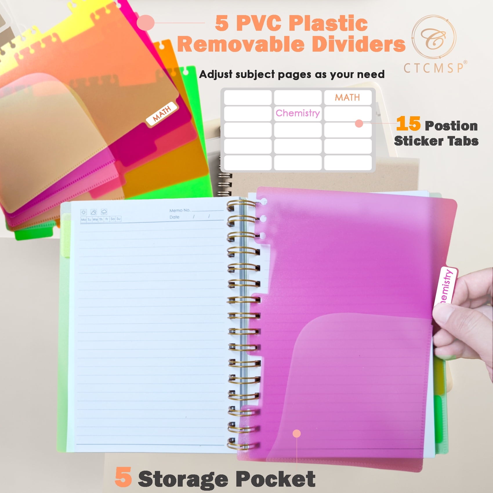 5 Subject Spiral Notebook with Removable Dividers Tabs Hardcover Notebook Journal for Women Men,Perfect for Academic Supplies,College Ruled,300 Pages