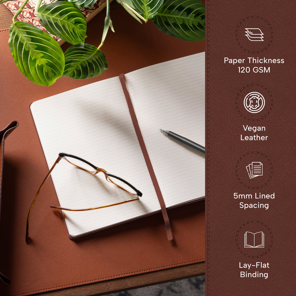 BEECHMORE BOOKS Lined Journal Notebook, 5.8 x 8.3 inch, A5 160 Lined Pages, Hardcover Leather Journals for Women, Men, Writing and Notebooks for Work - 120 GSM Thick Paper, Gifts Box Included