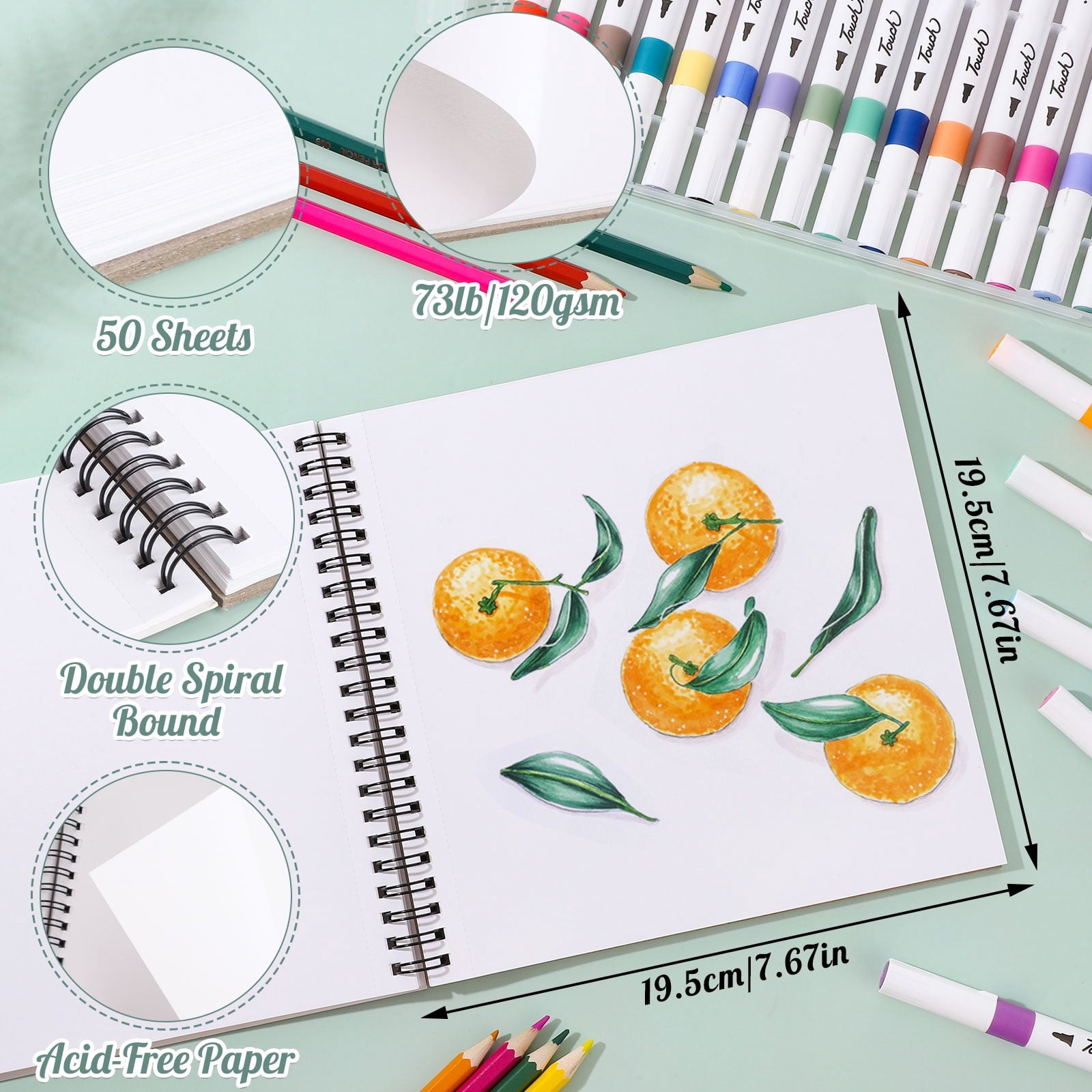 2 Pack Marker Paper Pad, 7.6×7.6 Inch Bleedproof Art Sketch Pad, 73lb/120gsm Drawing Paper Spiral Sketch Book