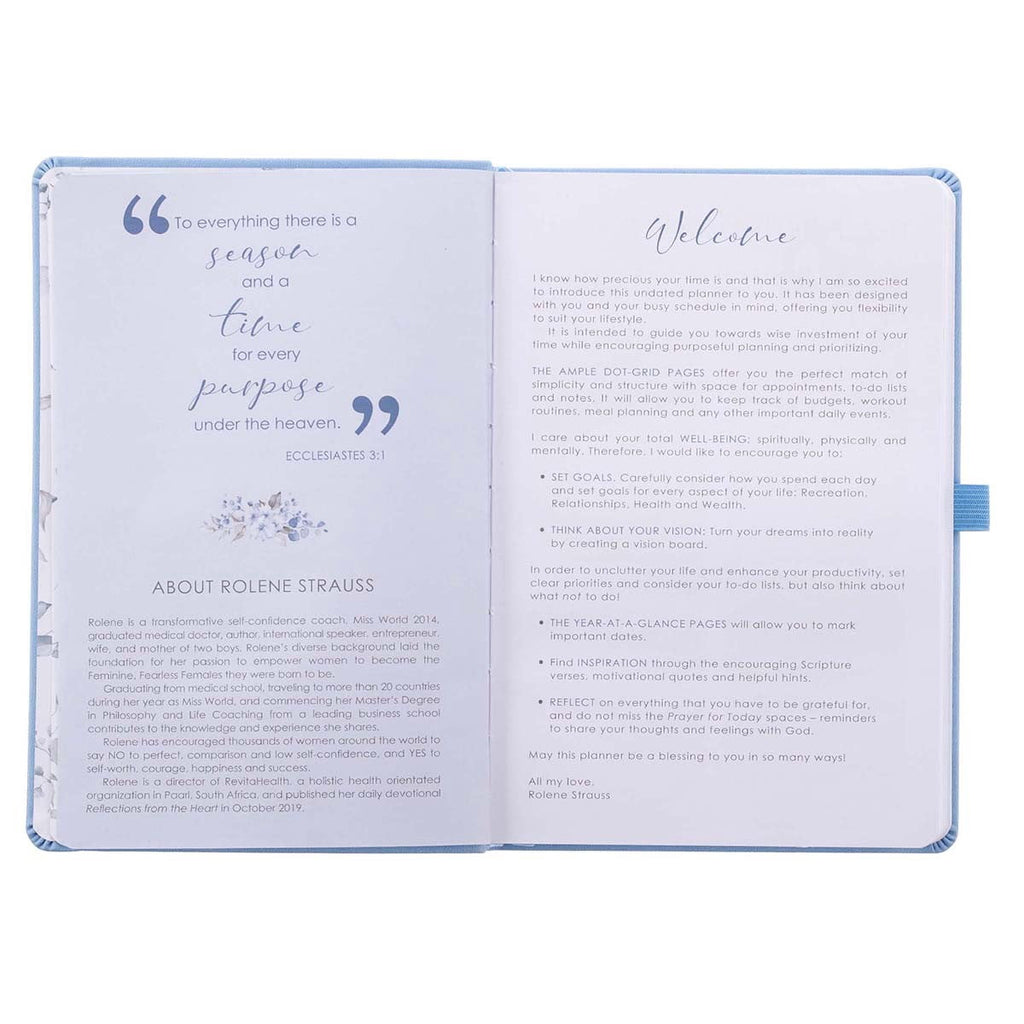 Rolene Strauss Undated Daily Planner w/Scripture for Women - Daily, Weekly, Monthly, Academic Organizer, Dot Grid Notebook, Time Management, Productivity, Blue Faux Leather