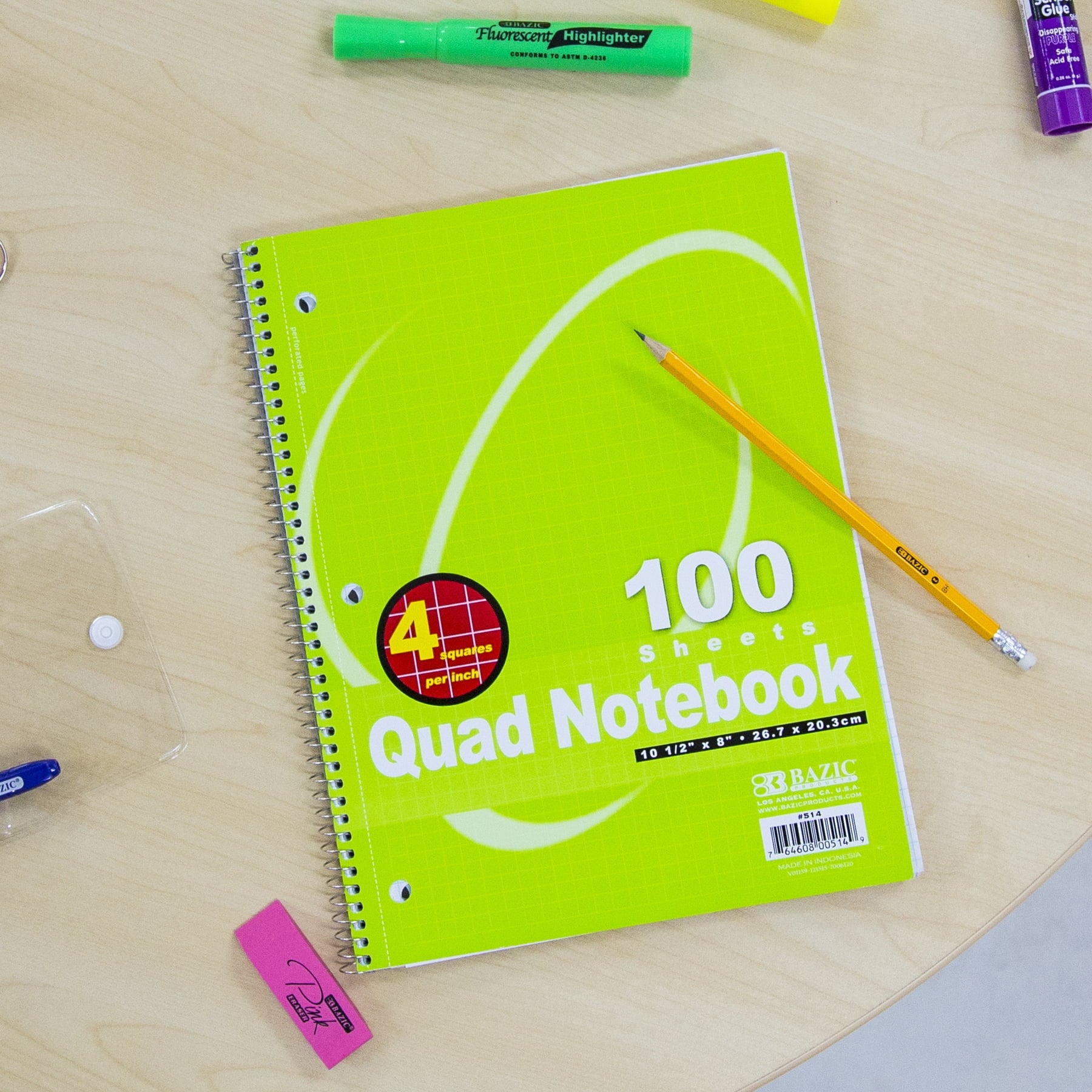 BAZIC 100 Ct. Quad-Ruled 4-1" Spiral Notebook [514]