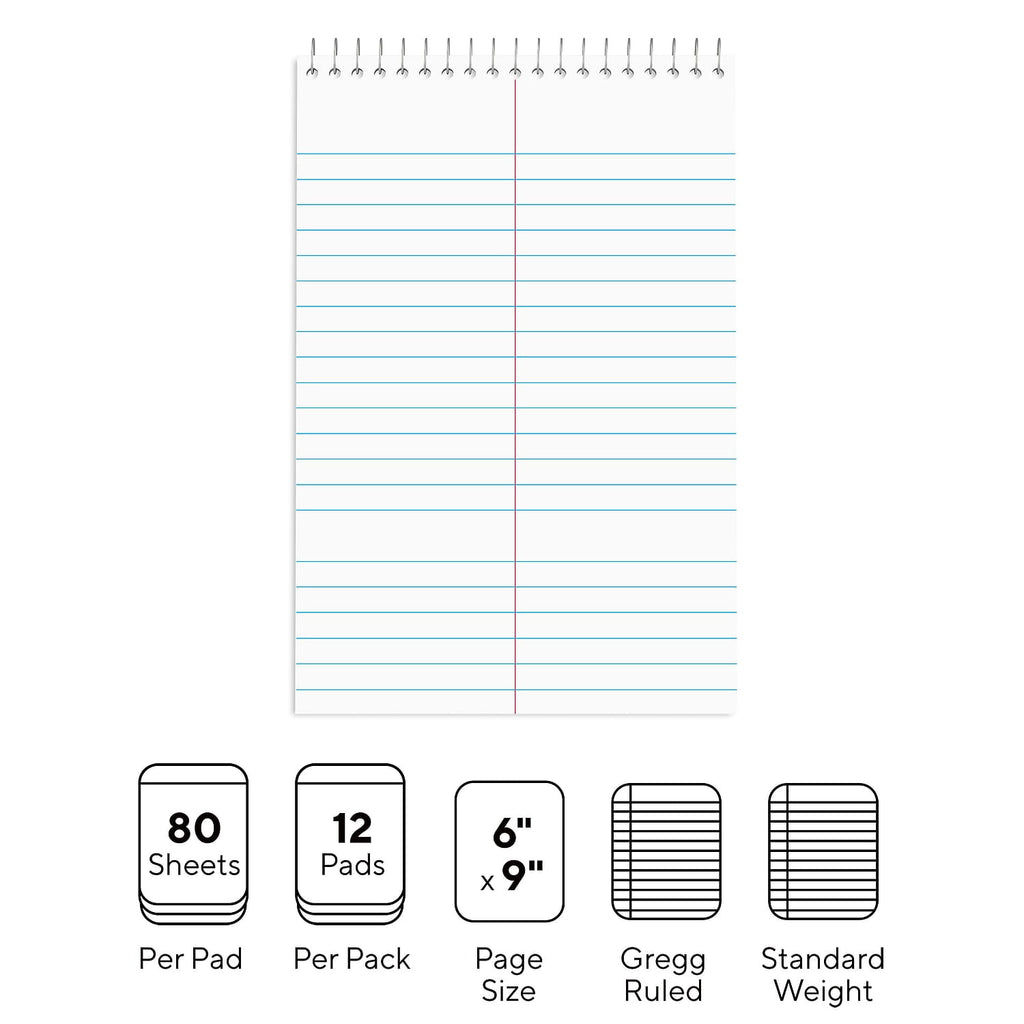 MyOfficeInnovations Steno Pad 6" x 9" Gregg Ruled White 80 Sheets/Pad Dozen Pads/Pack 497017