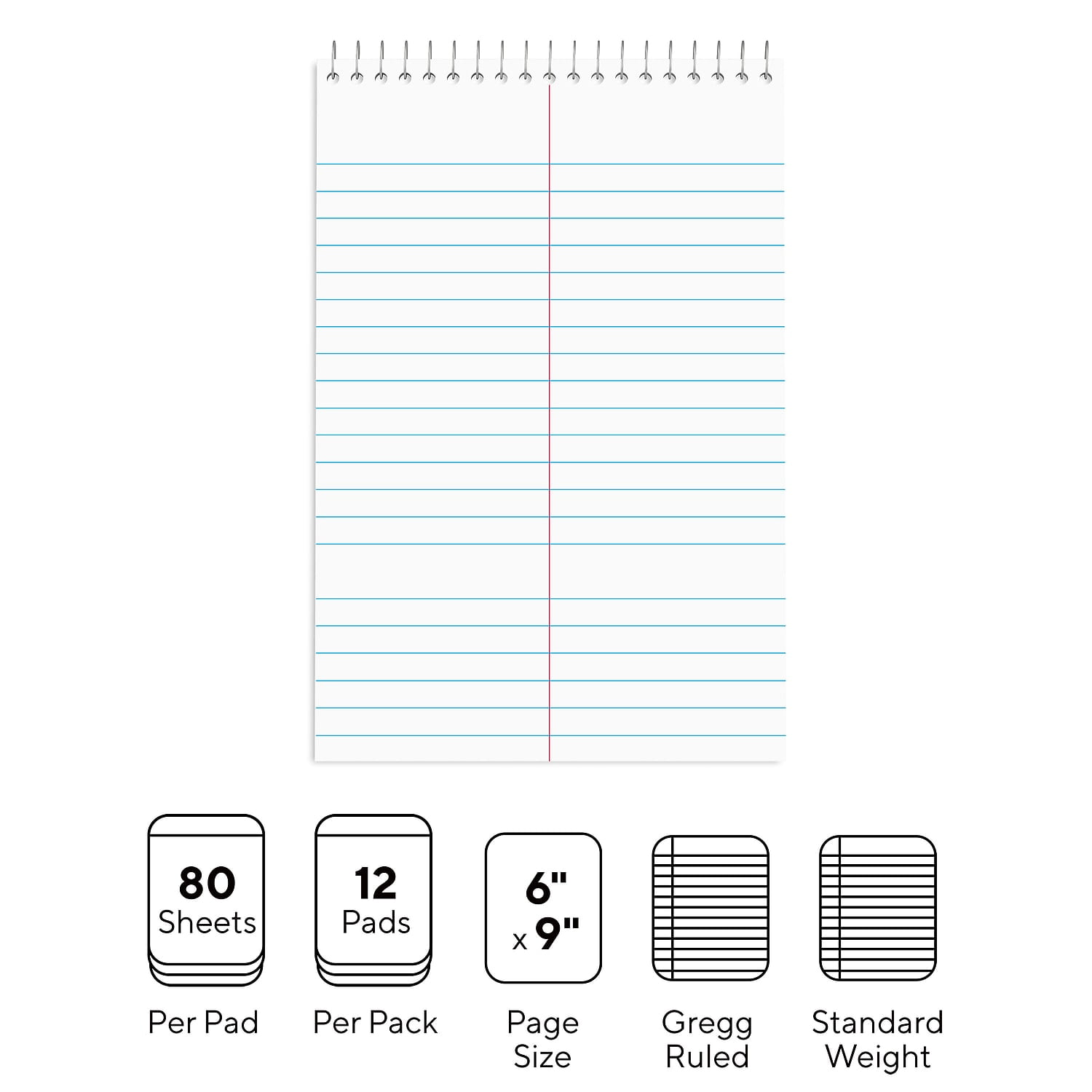 MyOfficeInnovations Steno Pad 6" x 9" Gregg Ruled White 80 Sheets/Pad Dozen Pads/Pack 497017