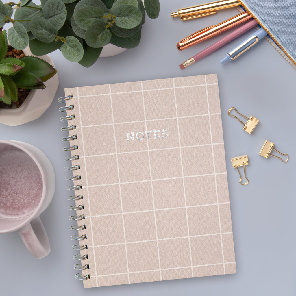 Mintgreen Spiral Bound Notepad, 7.4" x 9.75", Checked Tan, 105 Sheets