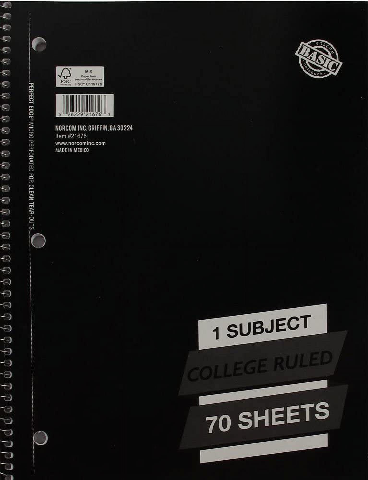 1 Subject College Ruled Spiral Notebook Solid Colors Perforated Edge 70 Sheet Pack of 5