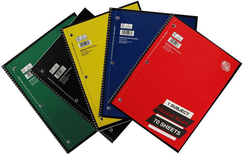 1 Subject College Ruled Spiral Notebook Solid Colors Perforated Edge 70 Sheet Pack of 5