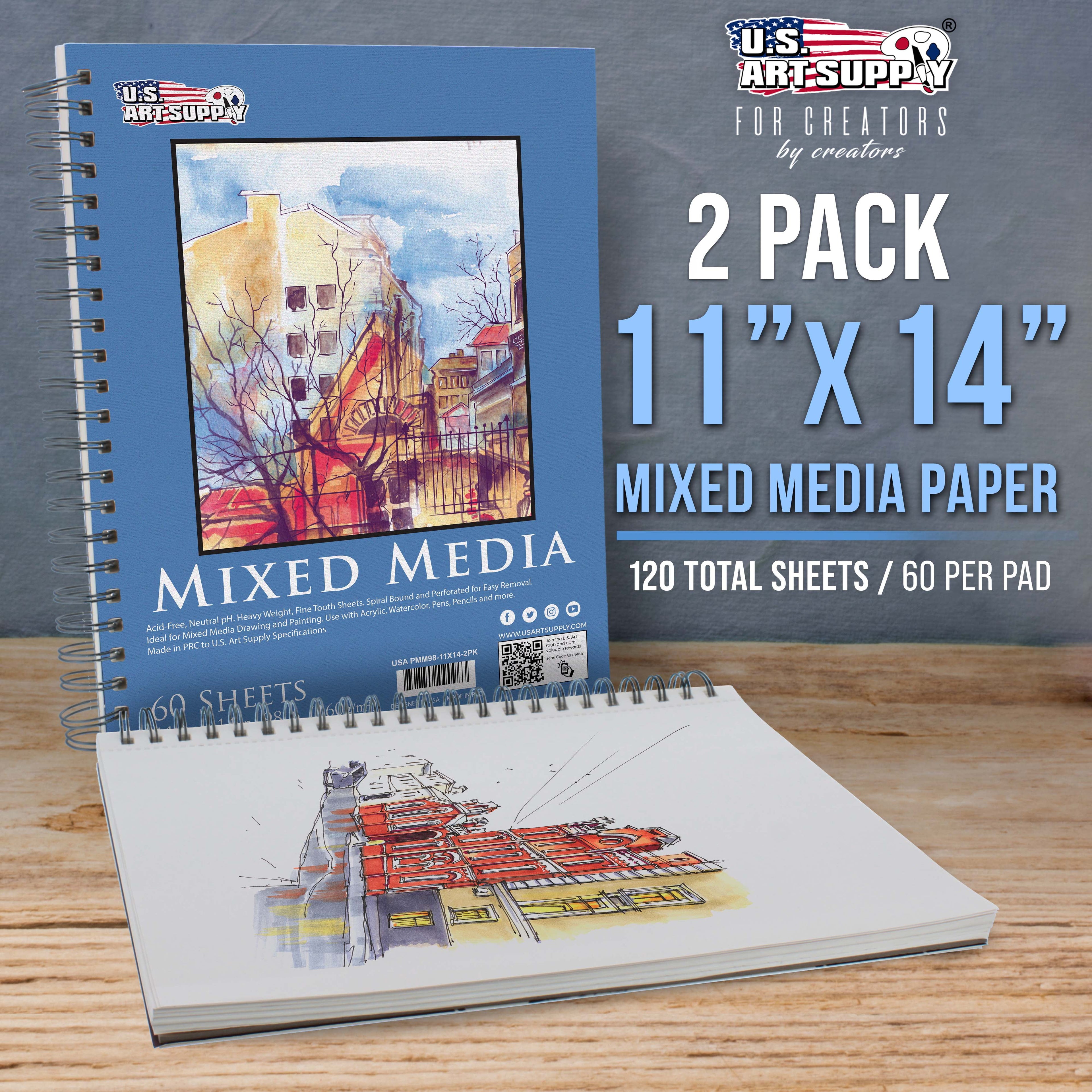 U.S. Art Supply 11" x 14" Mixed Media Paper Pad Sketchbook, 2 Pack, 60 Sheets, 98 lb (160 gsm) - Spiral-Bound, Perforated, Acid-Free - Artist Sketching, Drawing, Painting Watercolor, Acrylic