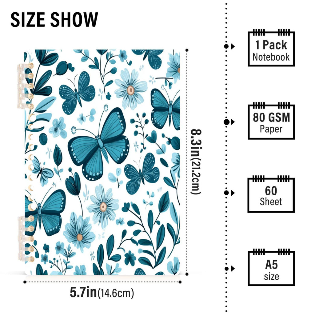 WOBOGO Light Blue Butterflies Flowers and Leaves Notebook College Horizontal Grid Paper Ink Spill Resistant Water Resistant Cover 8.3x5.7x0.4in