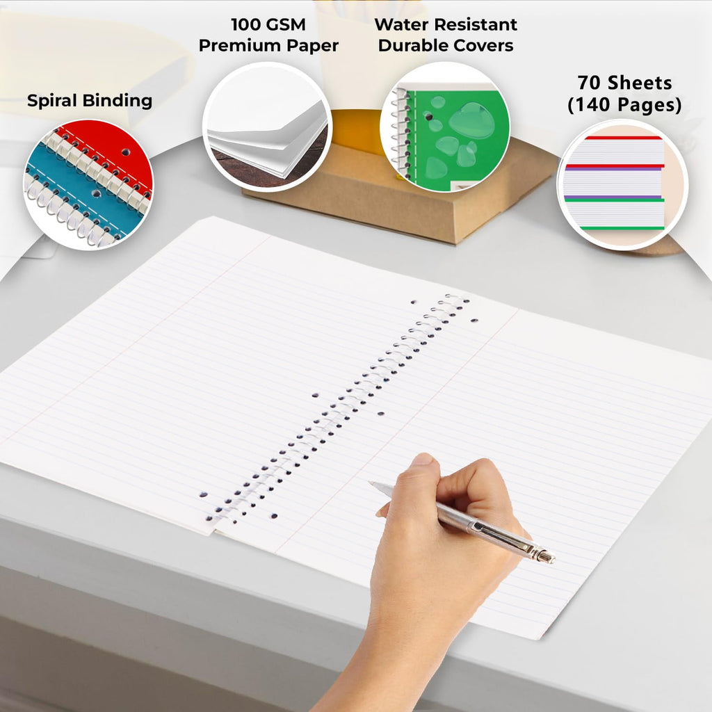 VINAUO Spiral Notebook, 1 Subject Notebook College Ruled, 70 Sheets, 8" x 10-1/2", 3 Hole Punched,Spiral Lined Notebooks,6 Pack