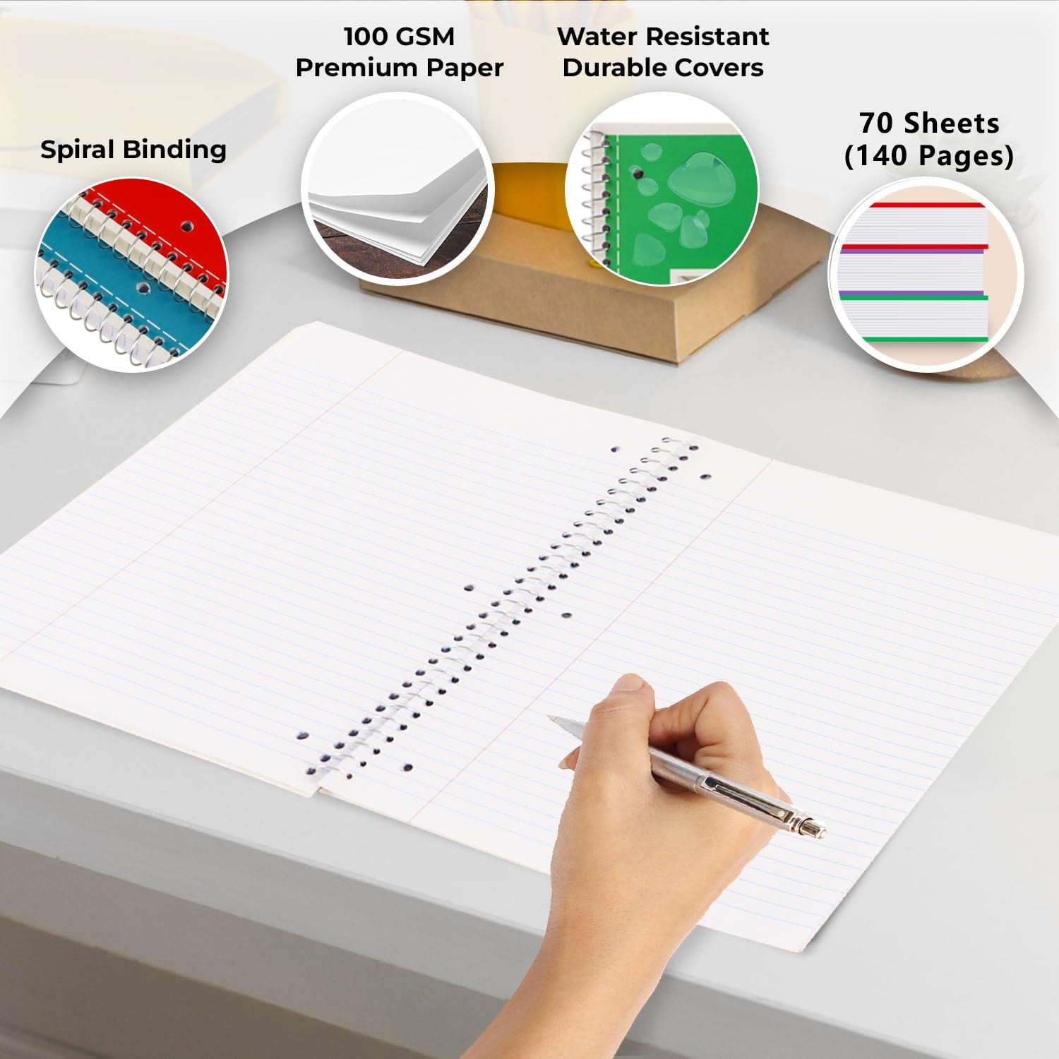 VINAUO Spiral Notebook, 1 Subject Notebook College Ruled, 70 Sheets, 8" x 10-1/2", 3 Hole Punched,Spiral Lined Notebooks,6 Pack