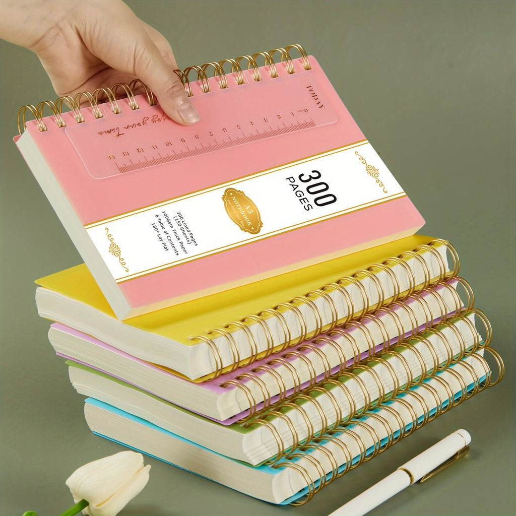 NIRMIRO A5 Spiral Notebook for Writing, 5.7”x8.4” Waterproof PVC Cover Notepad with Bookmark Ruler, 300 Pages of 100gsm No-Bleed College Ruled Paper for Office, Work & Note-Taking