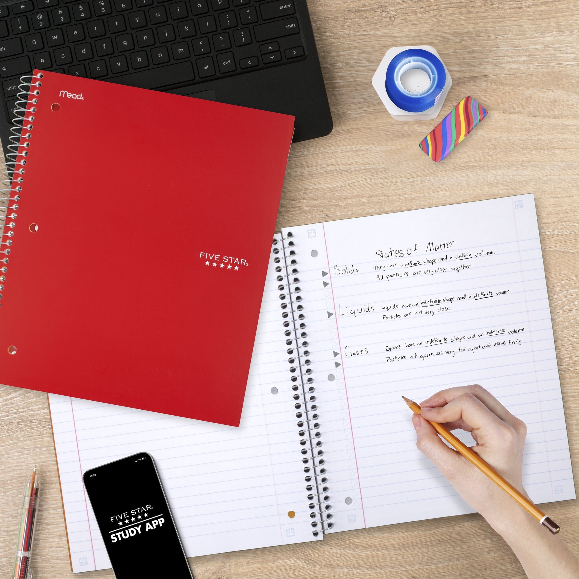 Five Star Spiral Notebook + Study App, 5 Subject, Wide Ruled, 8" x 10.5", Fire Red