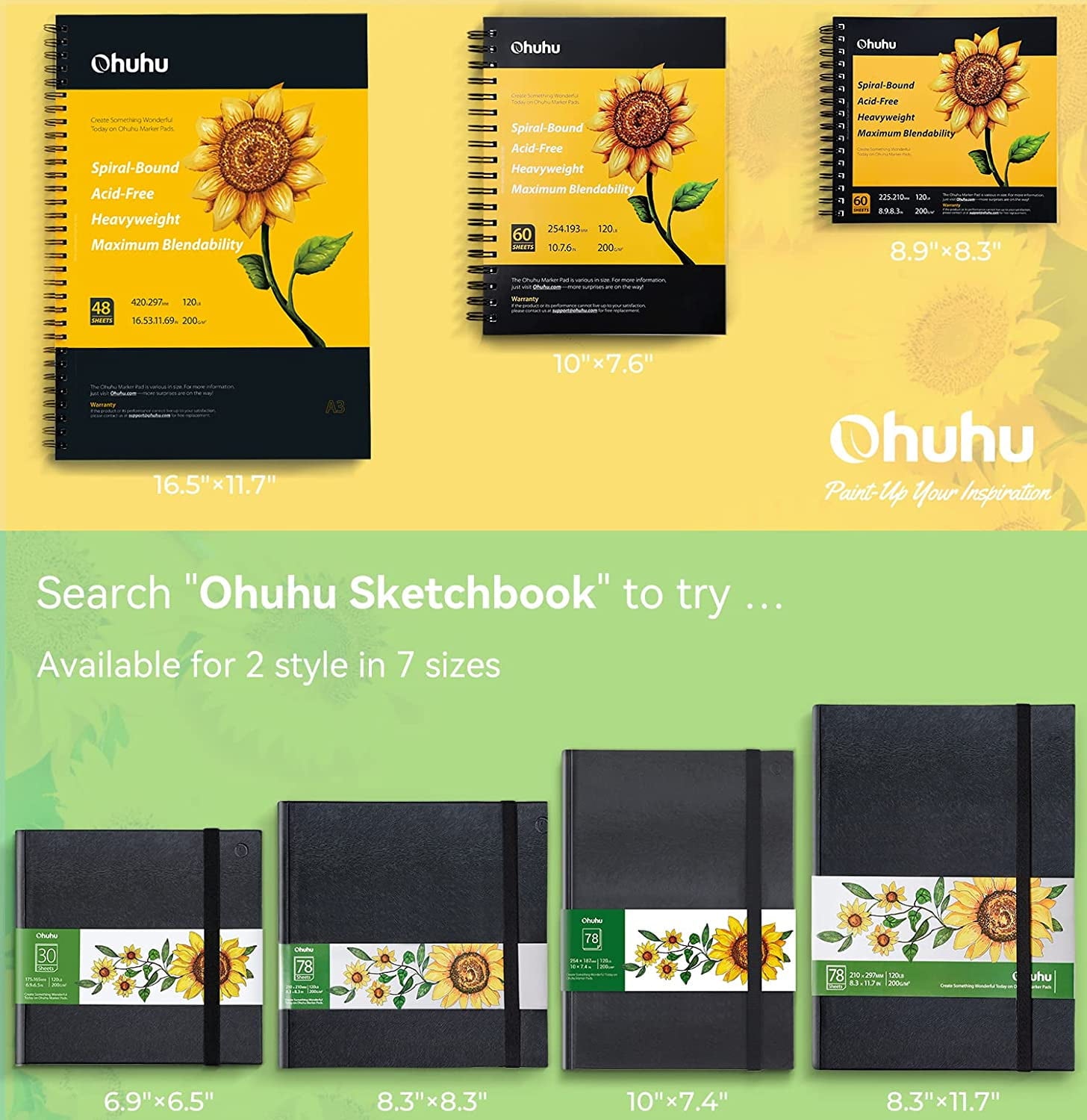 Ohuhu Sketchbook Marker Paper Pad: 8.3"x8.3" Square Drawing Papers 78 Sheets/156 Pages 120 LB/200 GSM Hardcover Sketching Books