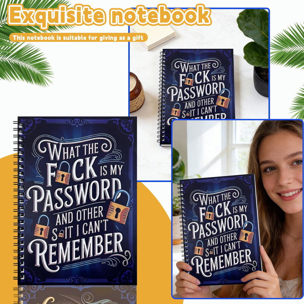 Funny Password Notebook - What The F*Ck My Password & Forgotten Stuff Journal - Spiral-Bound Password Organizer with Lock Icons, Durable Hard Cover Password Keeper