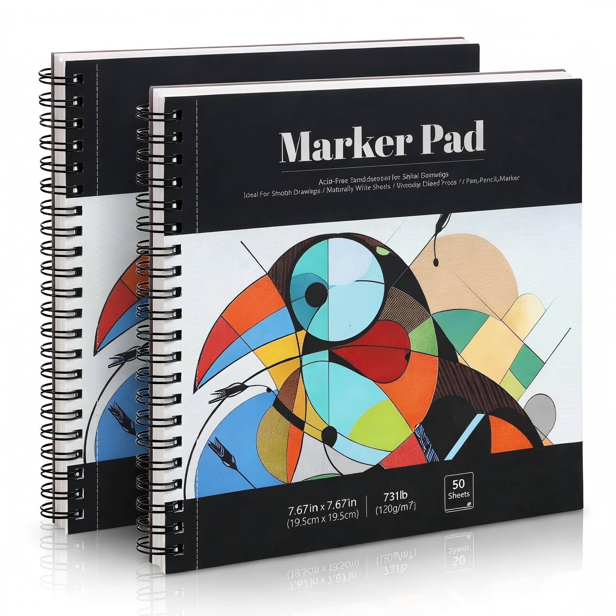 2 Pack Marker Paper Pad, 7.6×7.6 Inch Bleedproof Art Sketch Pad, 73lb/120gsm Drawing Paper Spiral Sketch Book