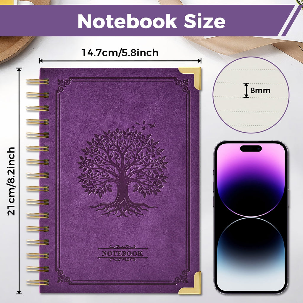 NIRMIRO A5 Hardcover Vintage Leather Notebook - Spiral Journal with Tree Embossed Cover, 100GSM Thick No Bleed Paper, Inner Pocket, 5.7''×8.4'' Notepad for Writing & Note-Taking