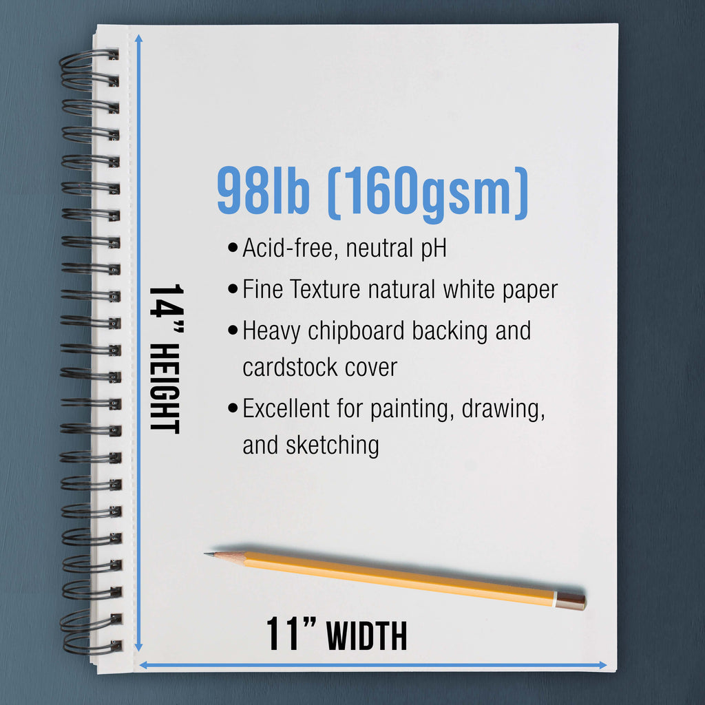 U.S. Art Supply 11" x 14" Mixed Media Paper Pad Sketchbook, 2 Pack, 60 Sheets, 98 lb (160 gsm) - Spiral-Bound, Perforated, Acid-Free - Artist Sketching, Drawing, Painting Watercolor, Acrylic