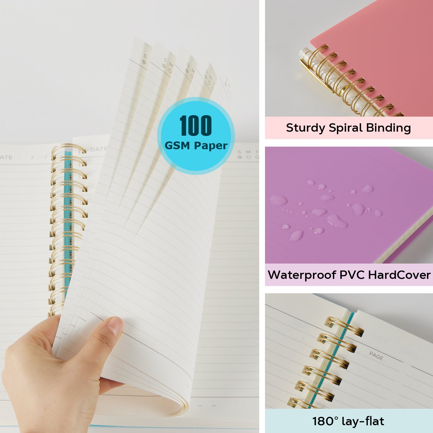 NIRMIRO A5 Spiral Notebook for Writing, 5.7”x8.4” Waterproof PVC Cover Notepad with Bookmark Ruler, 300 Pages of 100gsm No-Bleed College Ruled Paper for Office, Work & Note-Taking