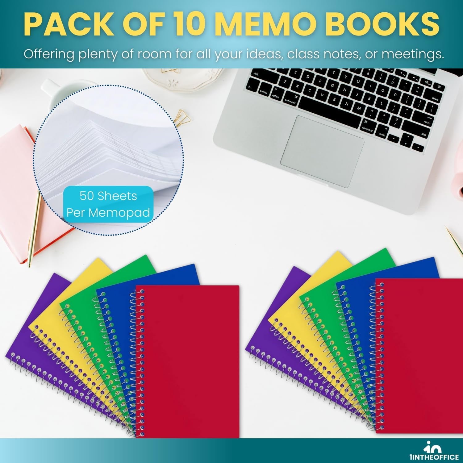 1InTheOffice Wirebound Spiral Memo Books, Memo Pads, 4" x 6", College Ruled, Small Notepad 4x6, Assorted, 50Sheets/Pad, 10 Pads/Pack