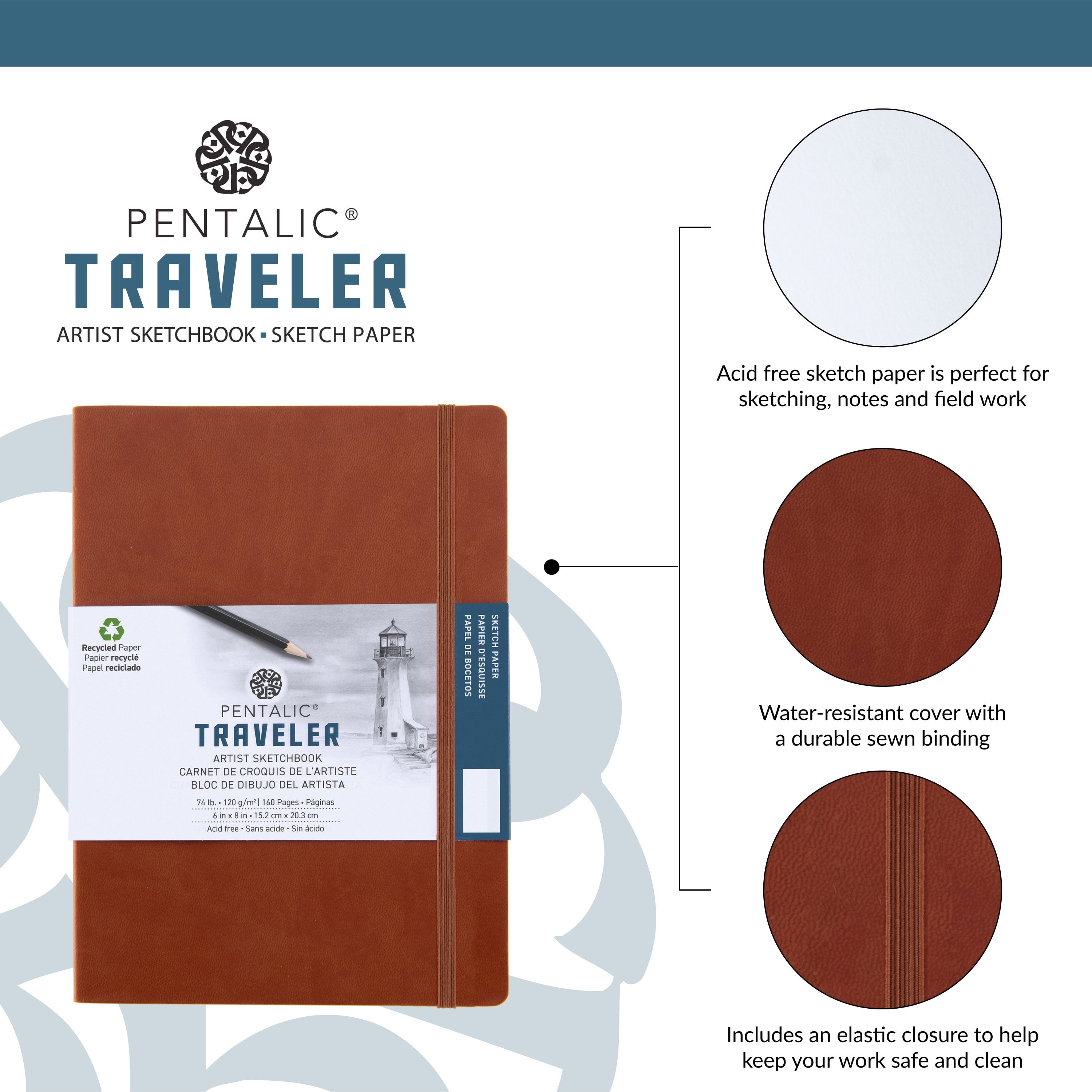 Pentalic 6x8 Brown Traveler Pocket Artist Drawing Journal, 160 Pages, 74 lb. Paper