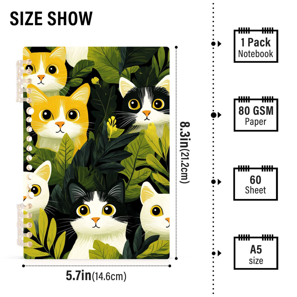 Ckdifva Leaves and Cats A5 Ring Binder Notebook Journey Note Diary College Ruled Study 60 Pages