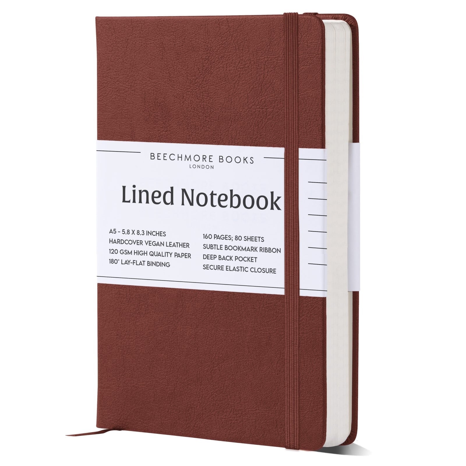 BEECHMORE BOOKS Lined Journal Notebook, 5.8 x 8.3 inch, A5 160 Lined Pages, Hardcover Leather Journals for Women, Men, Writing and Notebooks for Work - 120 GSM Thick Paper, Gifts Box Included
