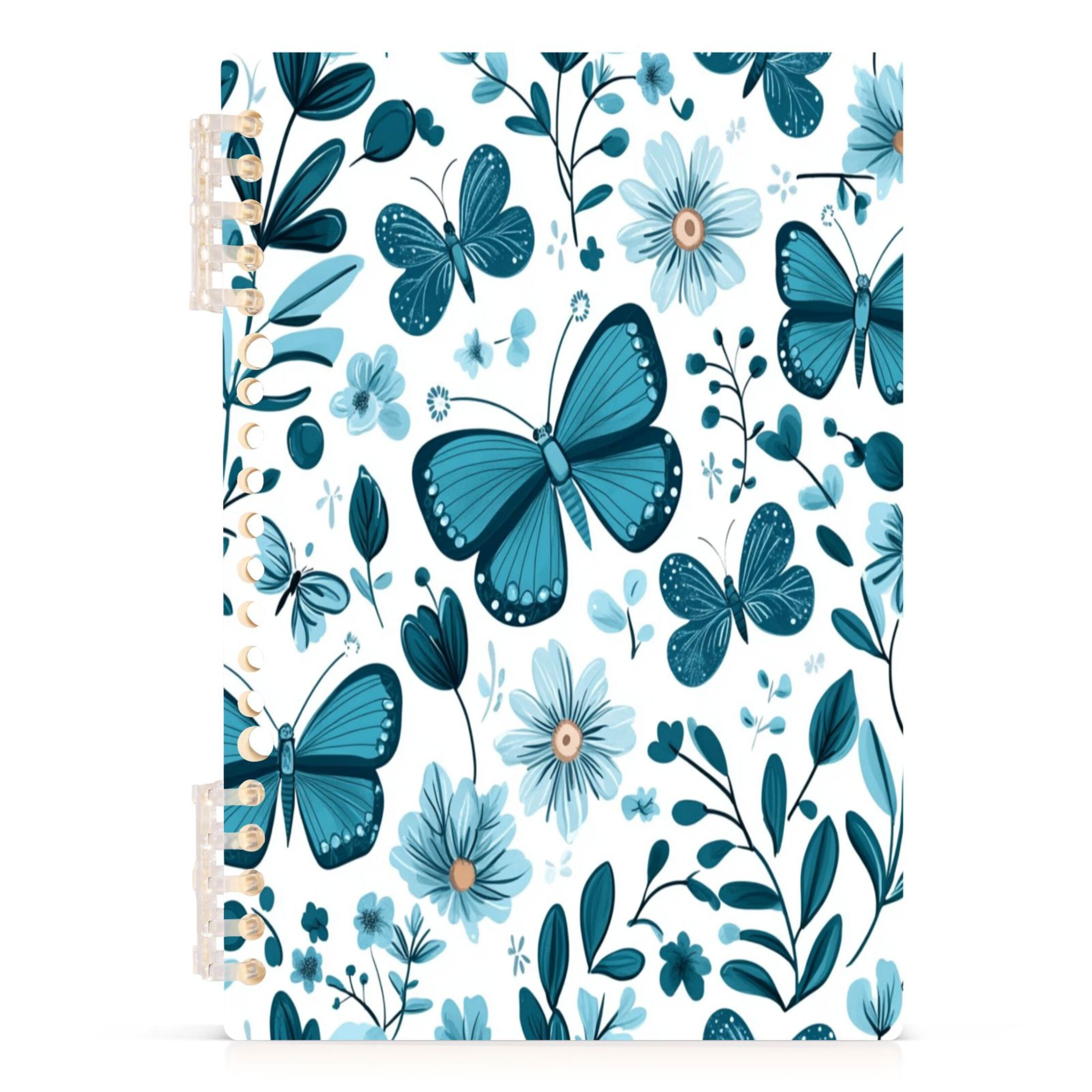 WOBOGO Light Blue Butterflies Flowers and Leaves Notebook College Horizontal Grid Paper Ink Spill Resistant Water Resistant Cover 8.3x5.7x0.4in