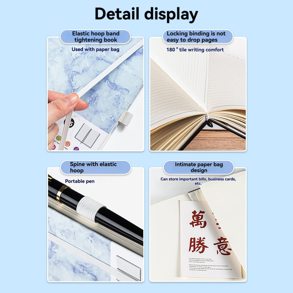 Marble-patterned elastic band notebook|Lined Journal Notebook For Women & Men 192 Pages College Ruled Notebook For Writing Note Taking Work 100 GSM Thick Paper Hardcover Journal Medium （Blue）