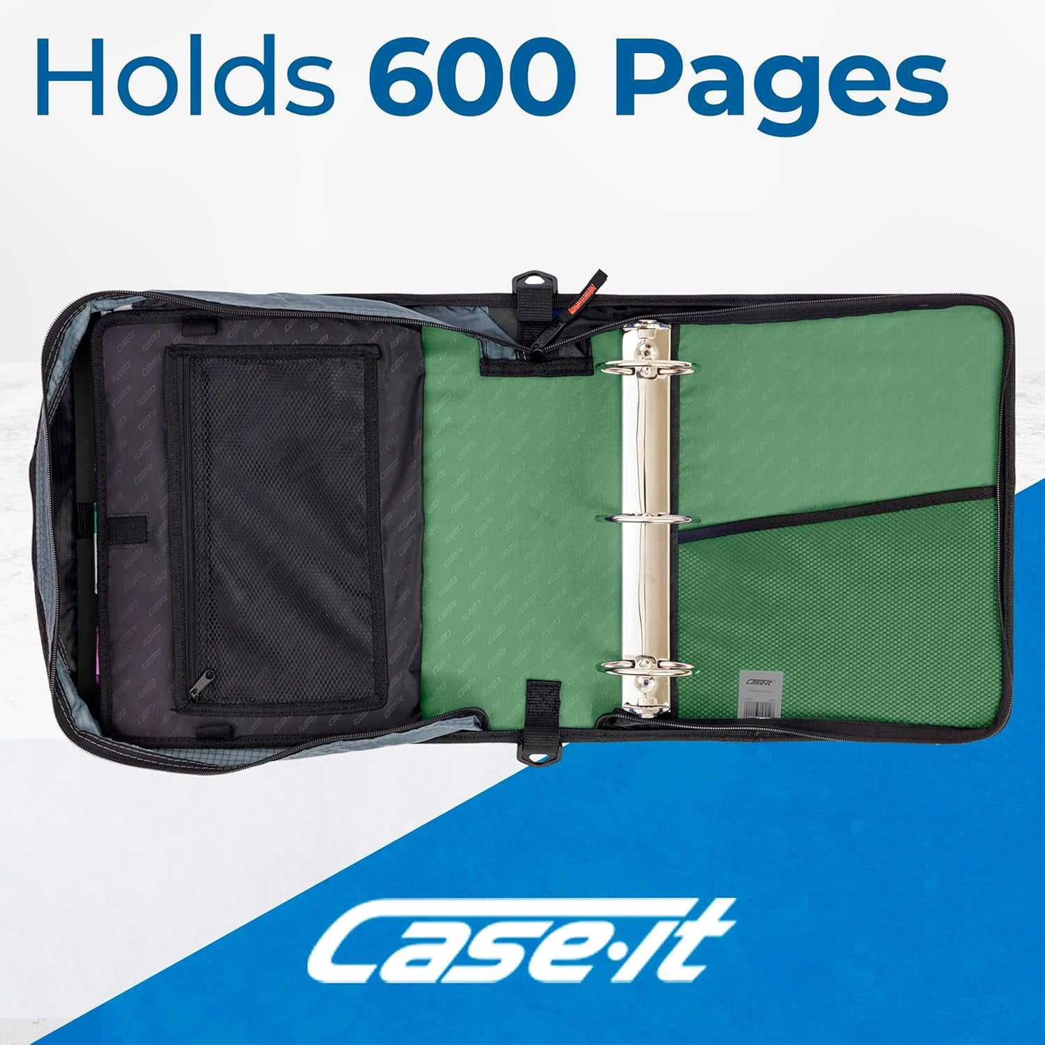 Case-it The Mighty Zip Tab Zipper Binder - 3 inch O-Rings - 5 Color Tab Expanding File Folder - Multiple Pockets - 600 Sheet Capacity - Comes with Shoulder Strap - Canopy Green D-146