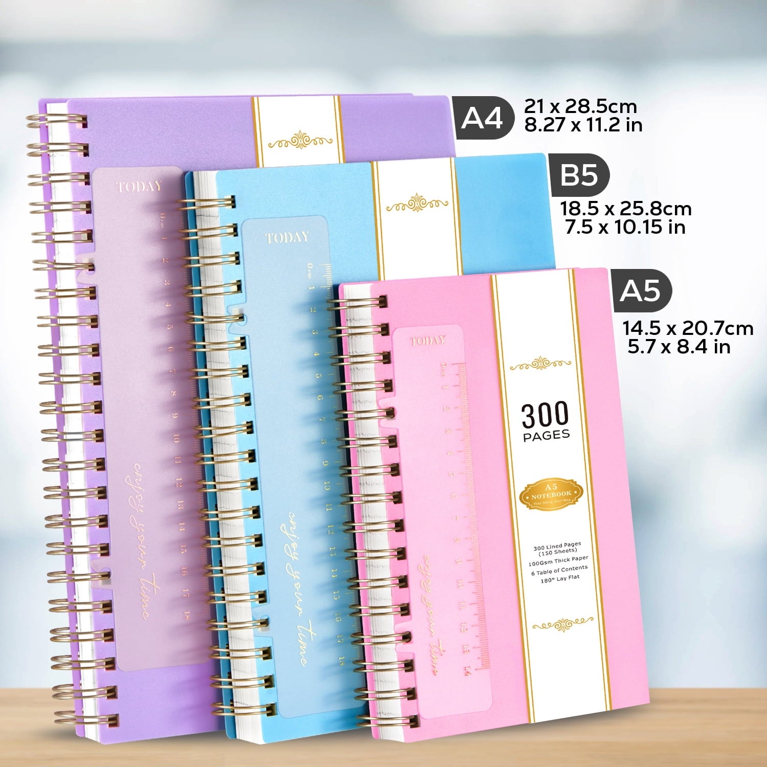 NIRMIRO A5 Spiral Notebook for Writing, 5.7”x8.4” Waterproof PVC Cover Notepad with Bookmark Ruler, 300 Pages of 100gsm No-Bleed College Ruled Paper for Office, Work & Note-Taking