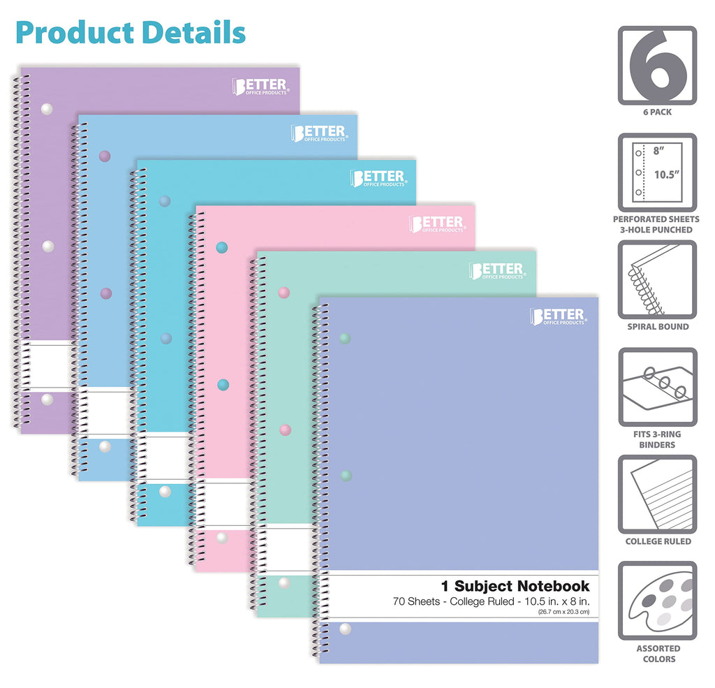 Better Office Products Spiral Notebooks, 6 Pack, 1 Subject, 70 Sheets, 10.5 x 8 inches, 6 Assorted Pastel Colors (College Ruled)