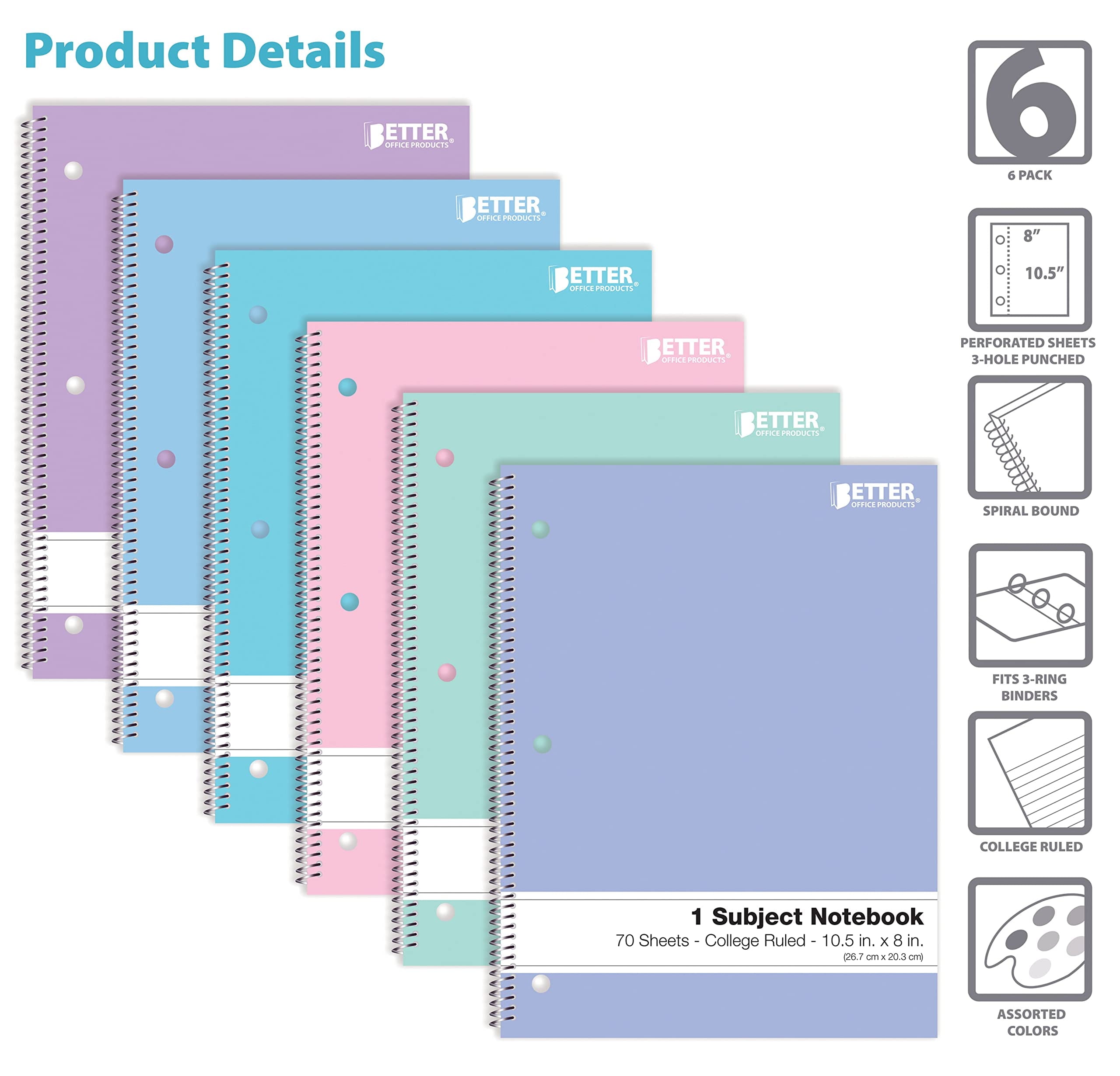 Better Office Products Spiral Notebooks, 6 Pack, 1 Subject, 70 Sheets, 10.5 x 8 inches, 6 Assorted Pastel Colors (College Ruled)