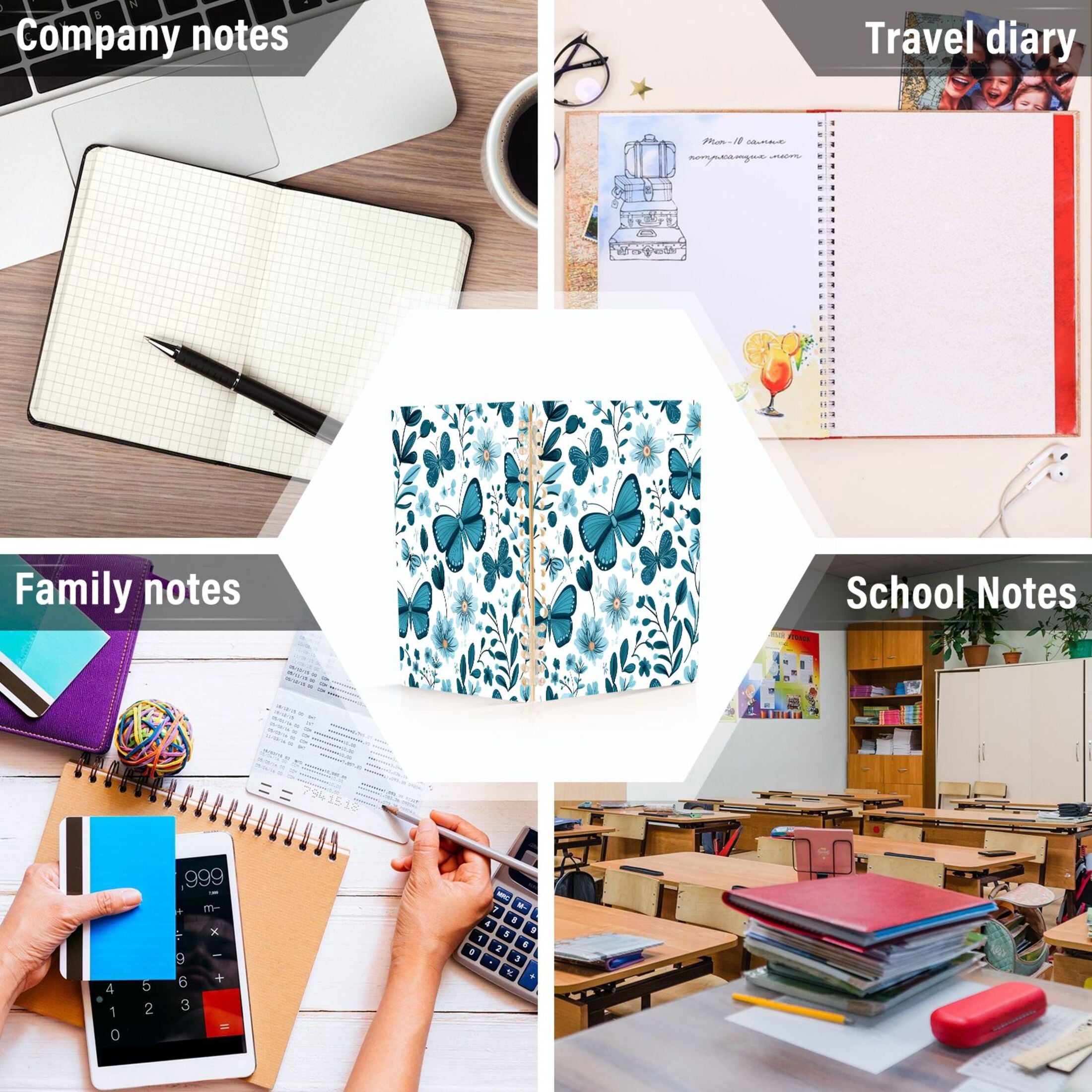 WOBOGO Light Blue Butterflies Flowers and Leaves Notebook College Horizontal Grid Paper Ink Spill Resistant Water Resistant Cover 8.3x5.7x0.4in