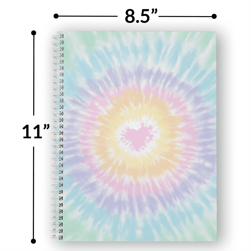 Softcover Love To Tie Dye 8.5" x 11" Trendy Spiral Notebook/Journal, 120 Wide Ruled Pages, Durable Gloss Laminated Cover, White Wire-o Spiral. Made in the USA