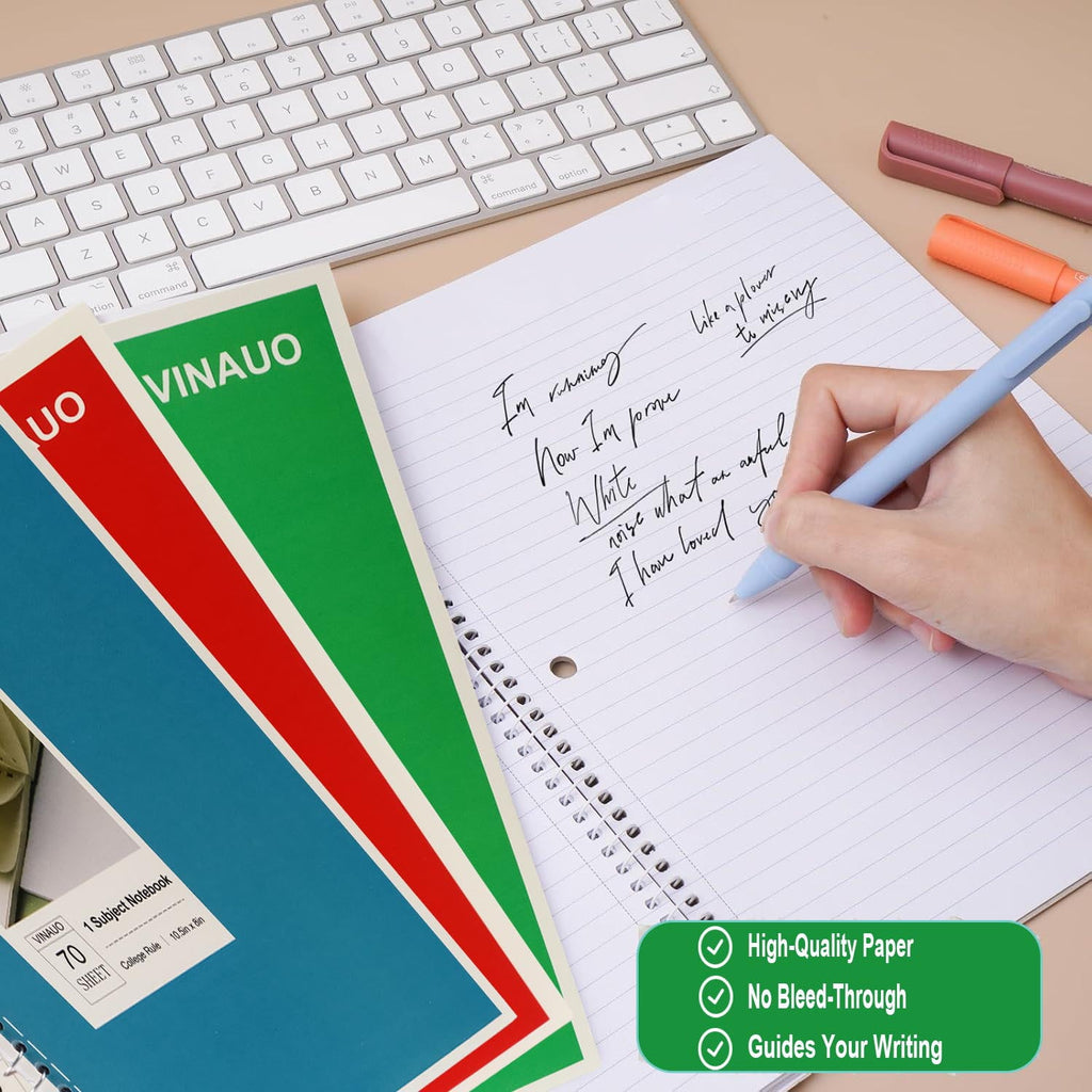 VINAUO Spiral Notebook, 1 Subject Notebook College Ruled, 70 Sheets, 8" x 10-1/2", 3 Hole Punched,Spiral Lined Notebooks,6 Pack
