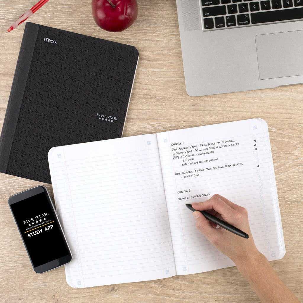 Five Star Composition Book Plus Study App, College Ruled, 80 Sheets, Poly, 7.5" x 9.75", Black