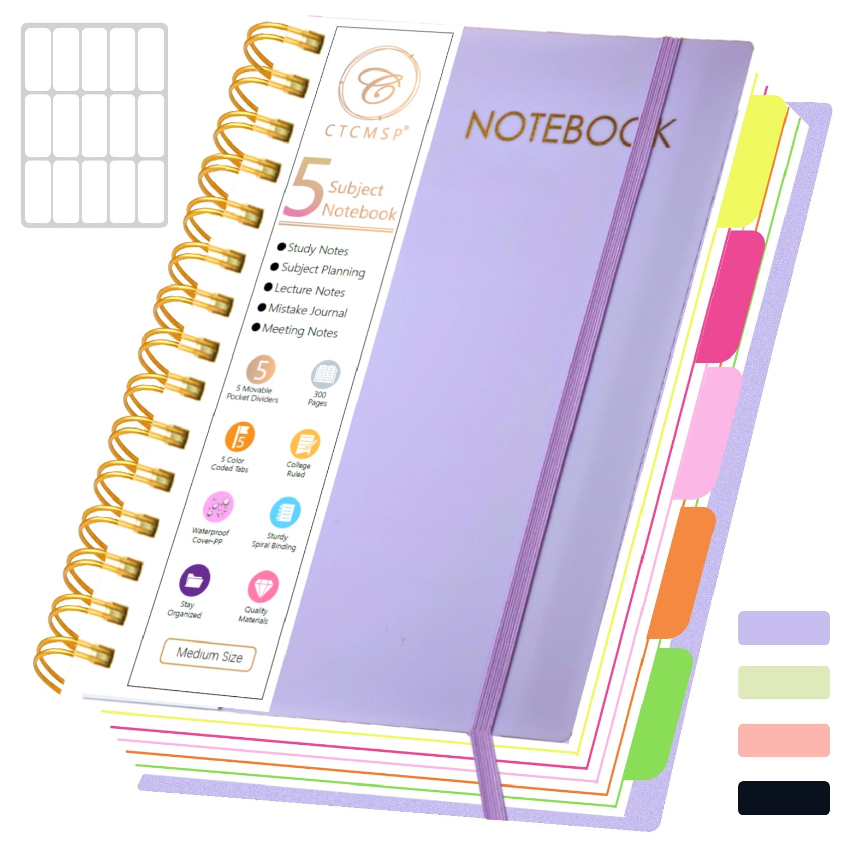 5 Subject Spiral Notebook with Removable Dividers Tabs Hardcover Notebook Journal for Women Men,Perfect for Academic Supplies,College Ruled,300 Pages