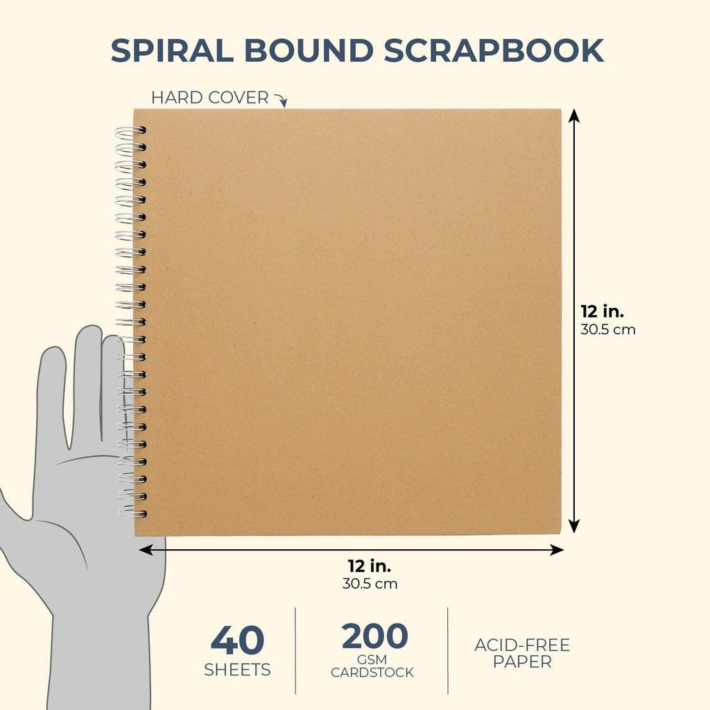 Paper Junkie Spiral Bound Scrapbook Album - 12 x 12 In, Kraft Hardcover, 40 Sheets (80 Pages) - Blank Kraft Paper Pages Lay-Flat for Drawing & Writing - Scrapbook Journal