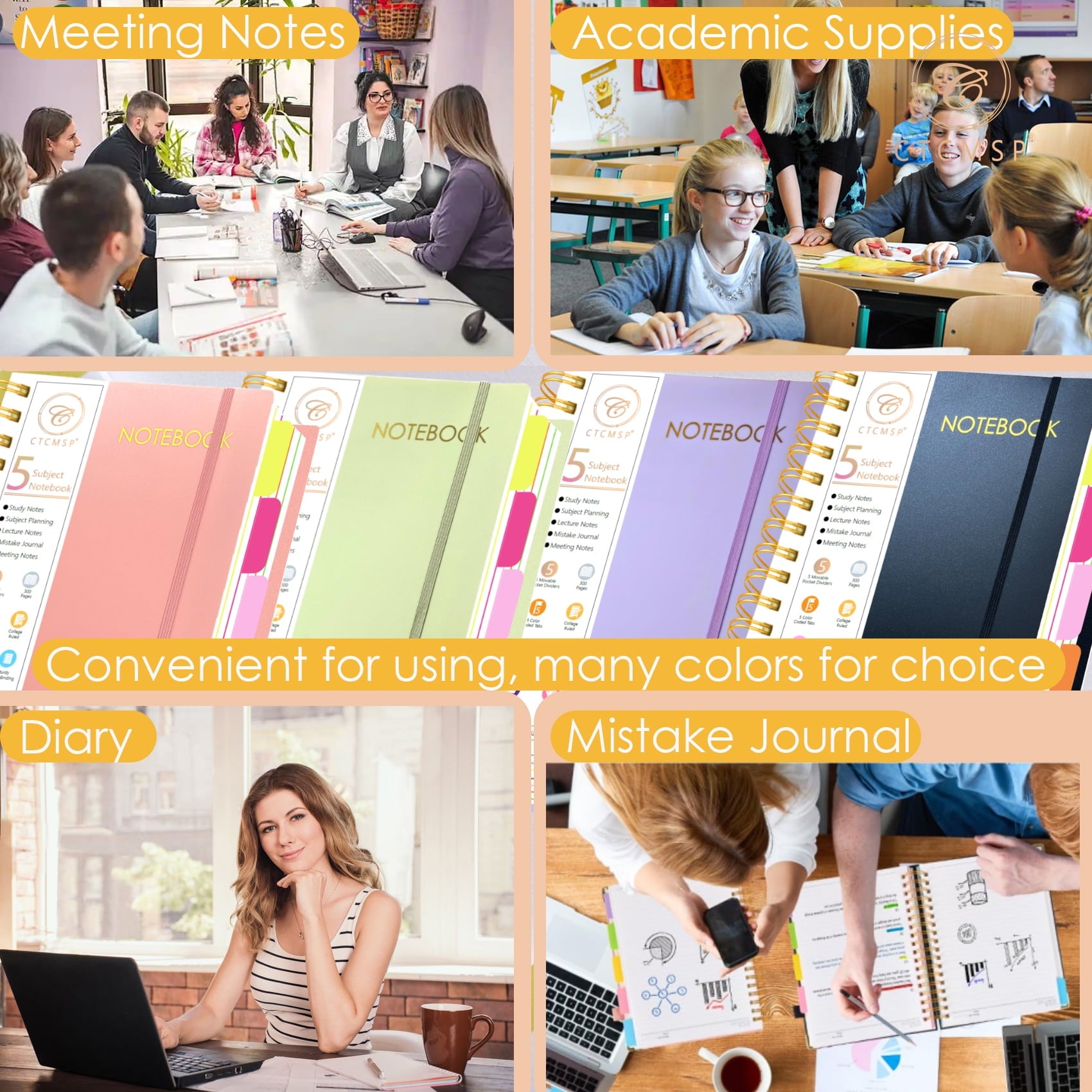 5 Subject Spiral Notebook with Removable Dividers Tabs Hardcover Notebook Journal for Women Men,Perfect for Academic Supplies,College Ruled,300 Pages
