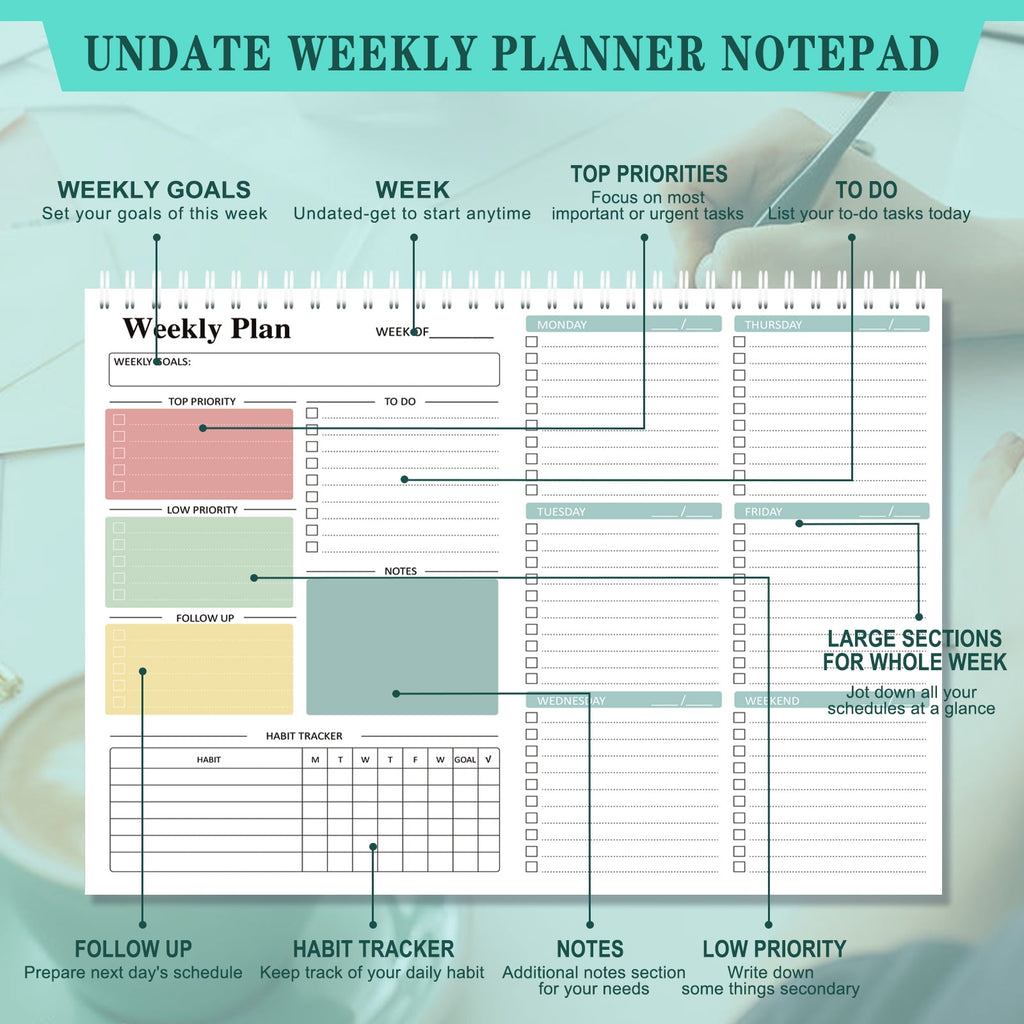 Weekly To Do List Notepad - Daily To Do List, Undated 52 Weekly Sheets, 8.5x11" Weekly Goal Notebook, Habit Tracker Journal, Excellent for  Work Personal Productivity Organizer，Green