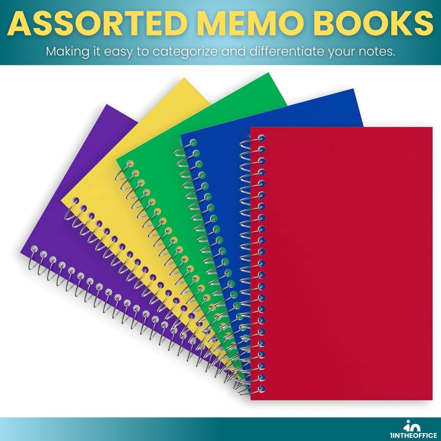1InTheOffice Wirebound Spiral Memo Books, Memo Pads, 4" x 6", College Ruled, Small Notepad 4x6, Assorted, 50Sheets/Pad, 10 Pads/Pack