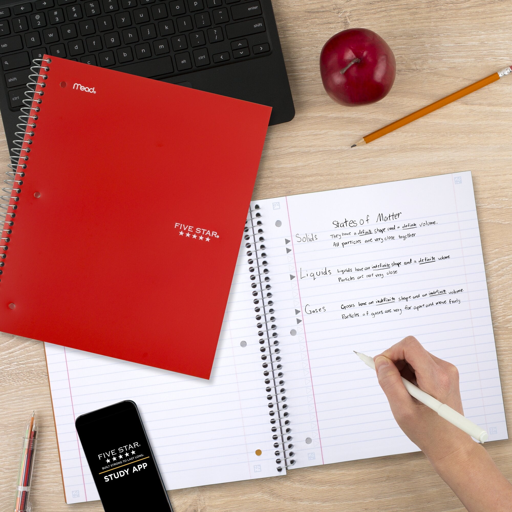 Five Star Spiral Notebook + Study App, 5 Subject, Wide Ruled, 8" x 10.5", Fire Red