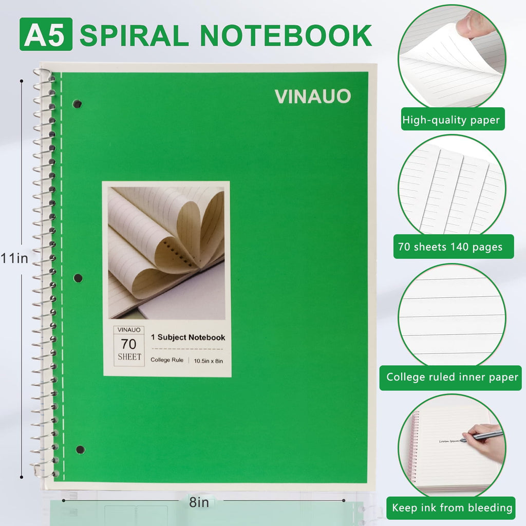 VINAUO Spiral Notebook, 1 Subject Notebook College Ruled, 70 Sheets, 8" x 10-1/2", 3 Hole Punched,Spiral Lined Notebooks,6 Pack