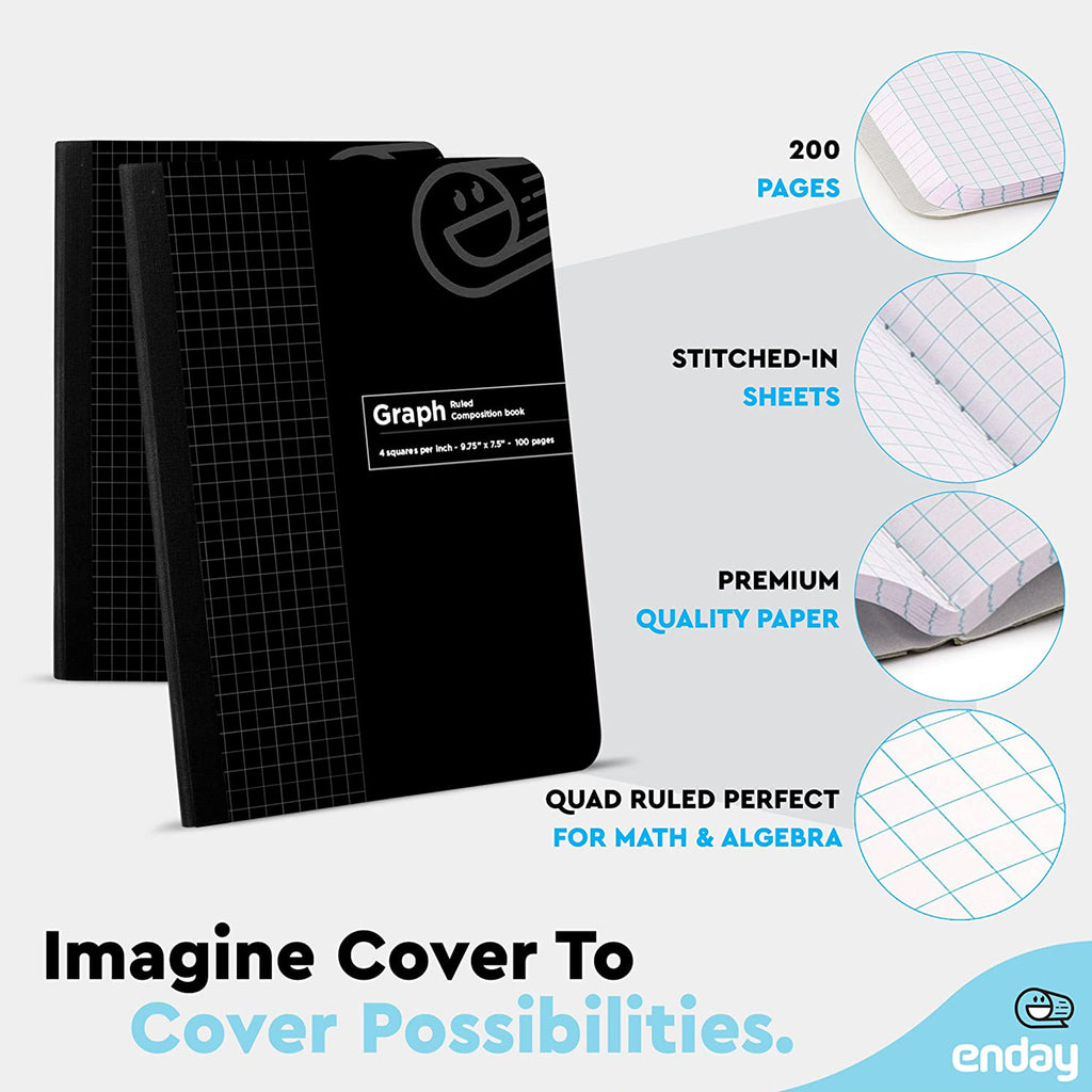 Enday Graph Paper Composition Notebook Hard Cover Grid Note Book Black 100 Sheets 2 Pack