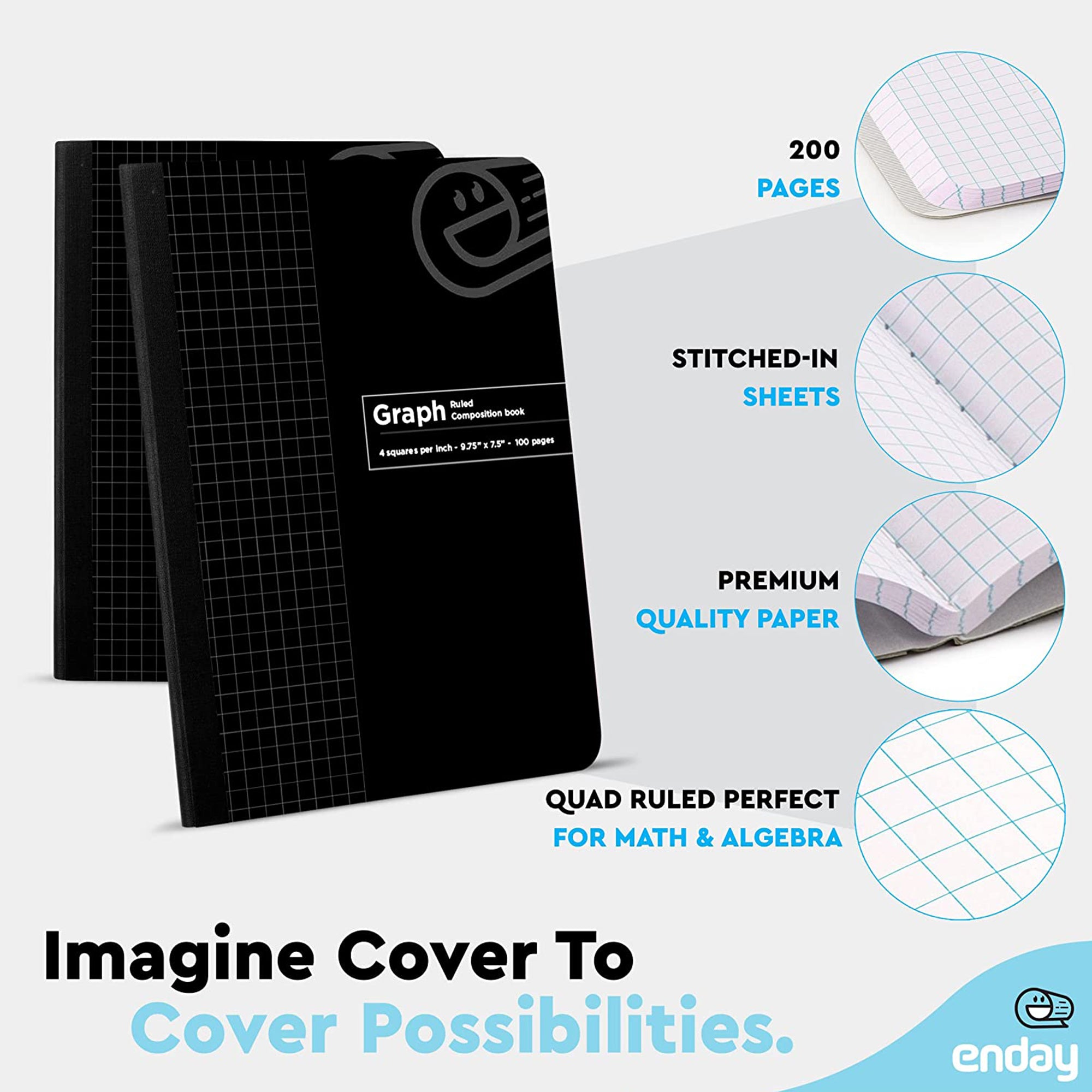 Enday Graph Paper Composition Notebook Hard Cover Grid Note Book Black 100 Sheets 2 Pack