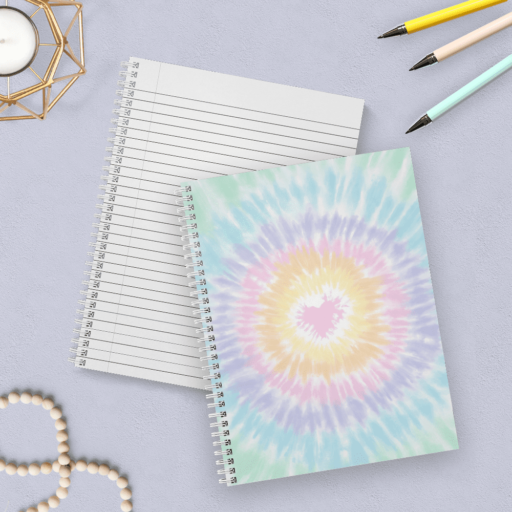 Softcover Love To Tie Dye 8.5" x 11" Trendy Spiral Notebook/Journal, 120 Wide Ruled Pages, Durable Gloss Laminated Cover, White Wire-o Spiral. Made in the USA