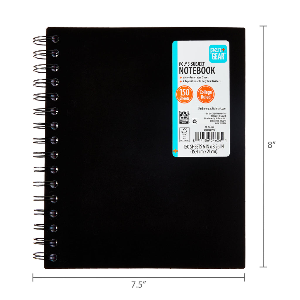 Pen+Gear College Ruled 5-Subject Poly Notebook, 6" x 8.26", Black, 150 Sheets